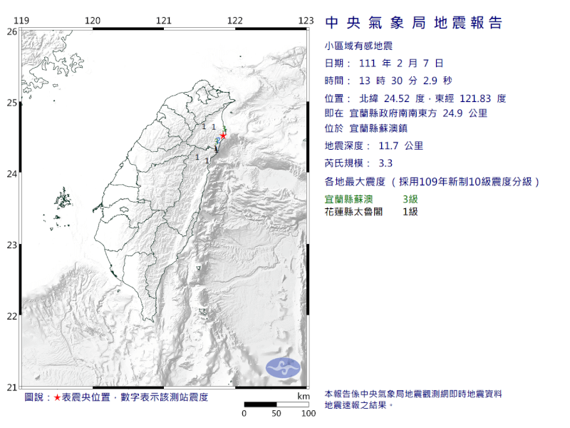 宜蘭縣蘇澳鎮7日下午1時30分發生芮氏規模3.3地震,最大震度宜蘭縣3級。(圖取自中央氣象局網頁cwb.gov.tw)