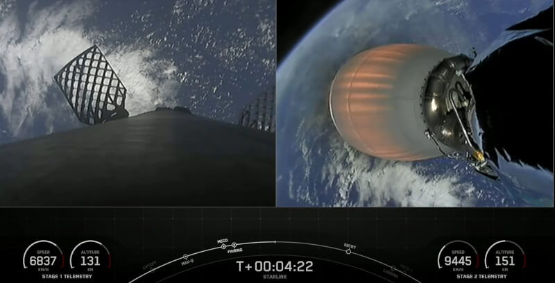 航太公司SpaceX表示,太陽磁暴4日衝擊40顆衛星,導致它們脫離軌道並燒毀。圖為3日SpaceX將49顆衛星發射升空進入軌道。(圖取自SpaceX YouTube頻道網頁youtube.com)