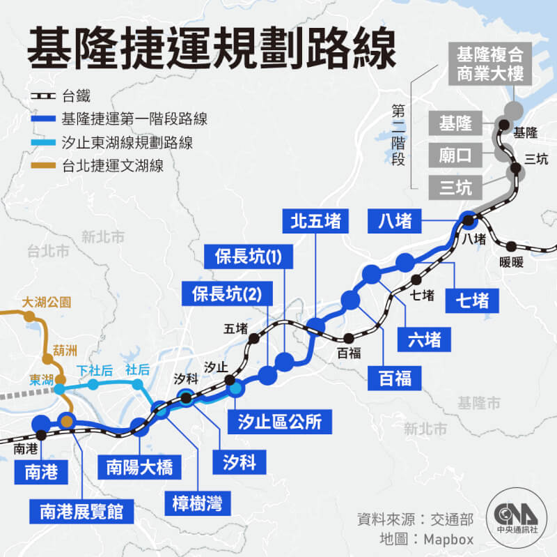 基隆捷運計畫將設13個捷運站。（中央社製圖）