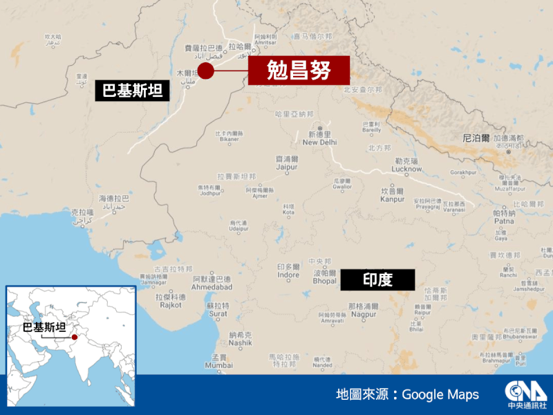 印度國防部11日坦承在維護過程中意外向巴基斯坦境內發射了一枚飛彈。(中央社製圖)