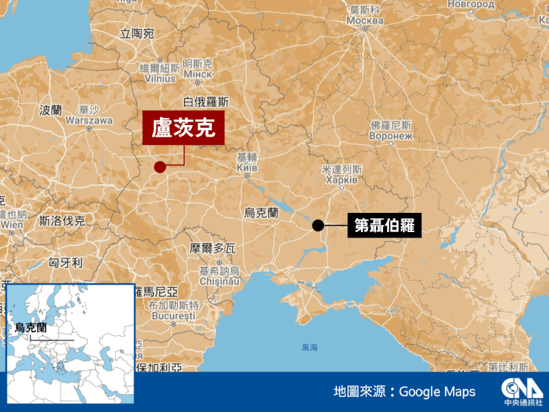 俄羅斯軍隊11日首度攻擊烏克蘭西部城市盧茨克。(中央社製圖)