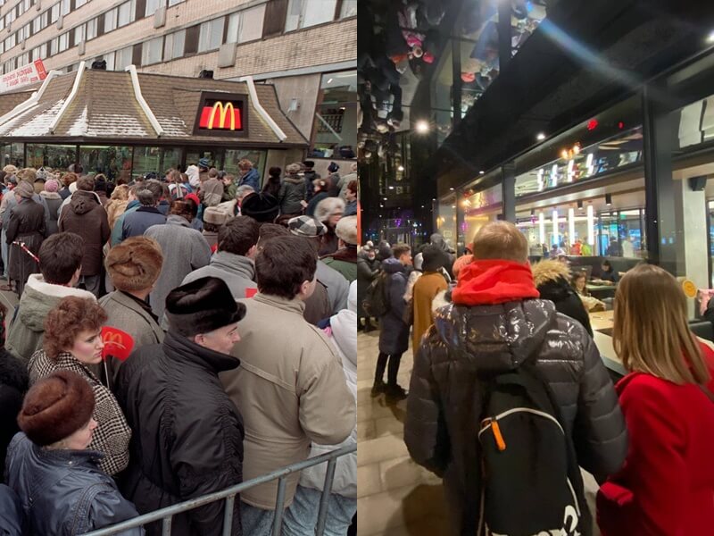1990年首間俄國麥當勞開幕大排長龍盛況（左）。如今為了抵制俄國入侵烏克蘭，麥當勞宣布關閉俄國所有門市，民眾在雪中排隊搶購（右）。（左圖為美聯社，右圖取自twitter.com/jason_corcoran）