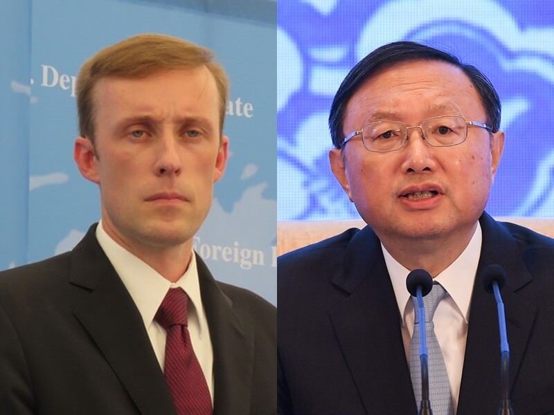 白宮國安顧問蘇利文(左)14日與中共中央外事工作委員會辦公室主任楊潔篪(右)在羅馬會晤。(左圖中央社檔案照片、右圖中新社)