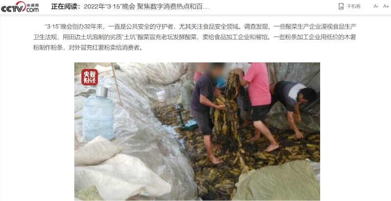 央視節目3月間曝光湖南一家公司醃製酸菜環境髒亂，引發關注。（圖取自央視網頁news.cctv.com）