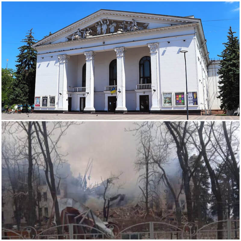 俄羅斯3月空襲烏克蘭東南部港市馬立波一座劇院，烏方稱當時造成數百人喪命。圖為烏克蘭外交部長庫列巴在推特貼出劇院遭轟炸前後的對比圖。（圖取自twitter.com/DmytroKuleba）