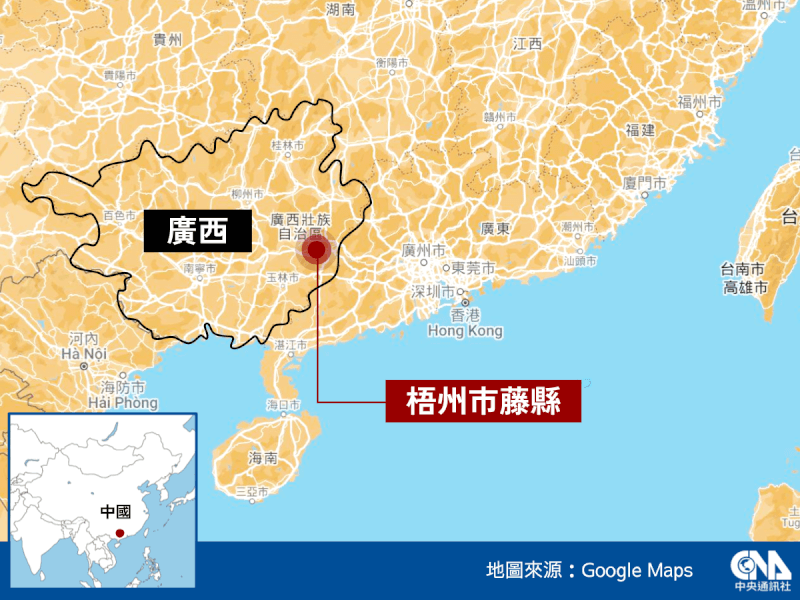 中國東方航空一架波音737客機21日下午2時38分在廣西墜毀。（中央社製圖）