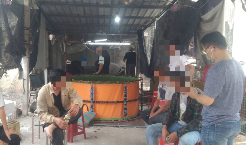 屏東縣里港警分局22日表示,20日在高樹鄉破獲鬥雞職業賭場,逮捕賭場場主51歲徐姓主嫌與賭客共16人。現場以帆布圍成鬥雞場,讓鬥雞廝殺。(里港警分局提供)中央社記者郭芷瑄傳真 111年3月22日