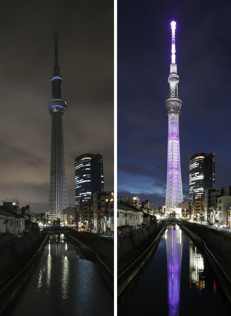 日本強震影響供電,左圖為東京知名地標晴空塔22日配合節電,整晚熄燈。右圖為去年晴空塔亮燈情況。(共同社)
