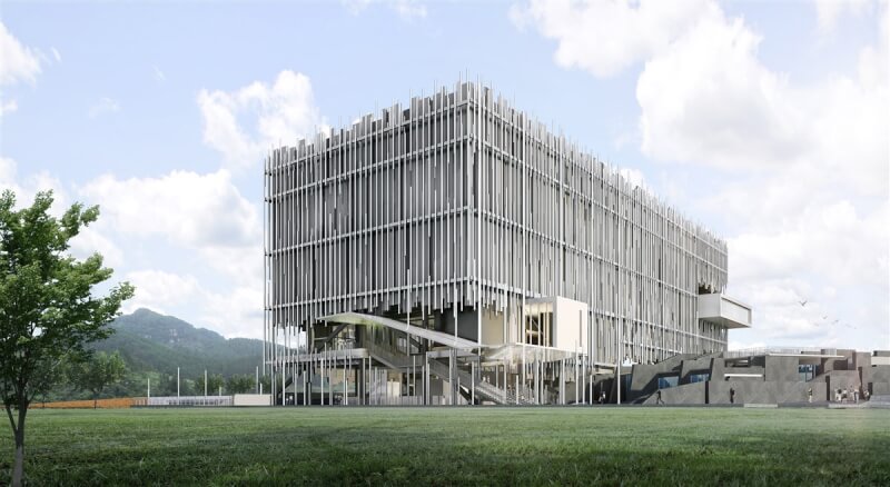 新北市工務局23日表示,目前公共工程面臨缺工、缺料的壓力,尤其新北市美術館使用大量鋼構材料、金屬鋁製帷幕等,承包商必須與其他營建廠商一起搶人、搶物料,才能追上工程進度。圖為完工模擬圖。(新北市文化局提供)中央社記者黃旭昇新北市傳真 111年3月23日
