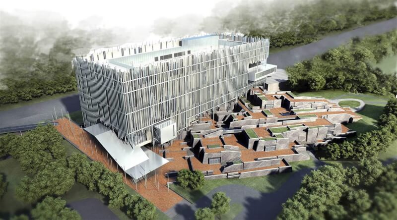 新北市文化局23日表示,新北市美術館座落於鶯歌與三峽兩鎮間,規劃串連戶外園區,將可提供民眾一個結合藝術、生態及休閒的全齡藝術休閒園區,主體工程預計年底可完成。圖為完工模擬圖。(新北市文化局提供)中央社記者黃旭昇新北市傳真 111年3月23日