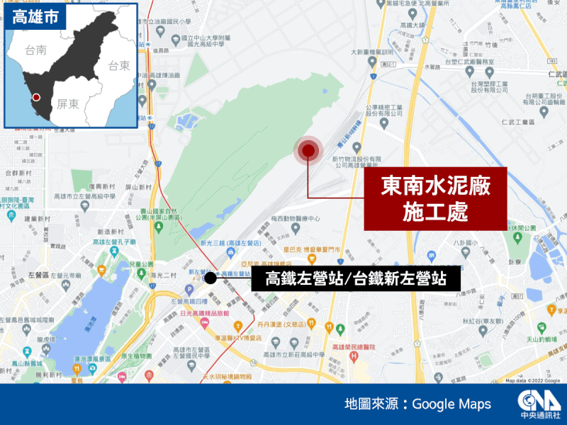 高雄楠梓一帶1日下午電壓瞬間驟降,台電表示,是東南水泥包商拆除廠房時不慎撞倒電塔引起。(中央社製圖)