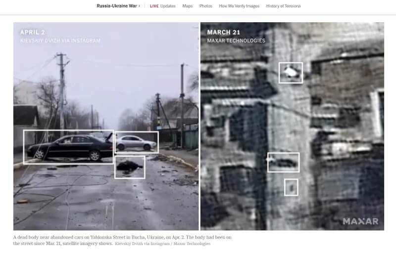 紐約時報比對研究Instagram上一張兩輛車前有人陳屍的影片。3月21日衛星影像顯示,這具遺體和車輛所在位置都與影片相同。(圖取自紐約時報網頁nytimes.com)