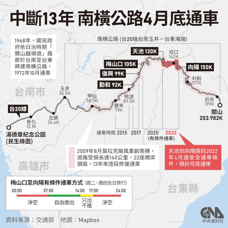 南橫公路預計4月底有條件通車。(中央社製圖)