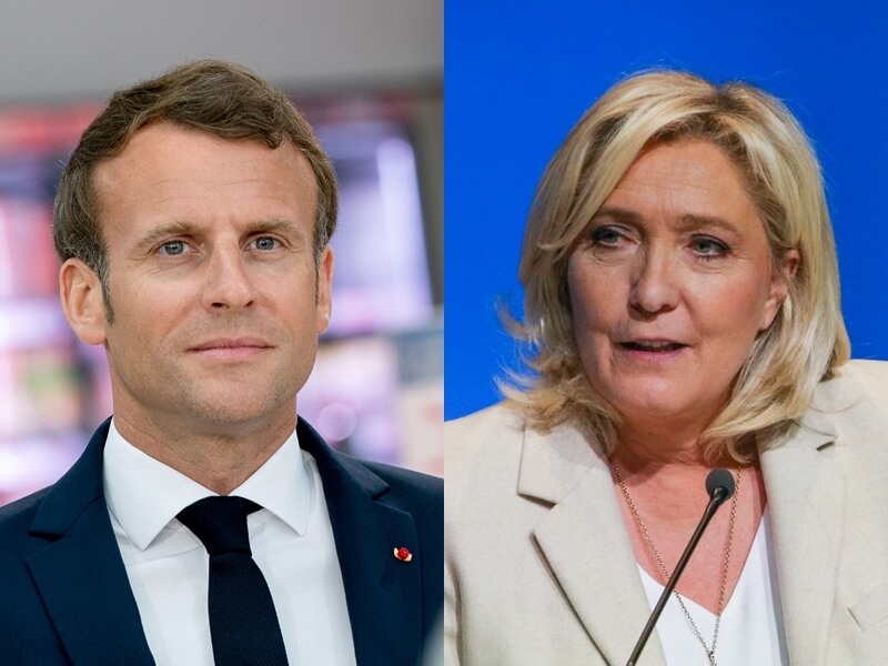 法國2022年總統大選第一輪投票結果10日出爐，爭取連任的總統馬克宏（左）以5個百分點的差距贏過國民聯盟領袖雷朋（右）。（圖取自facebook.com/EmmanuelMacron、facebook.com/MarineLePen）