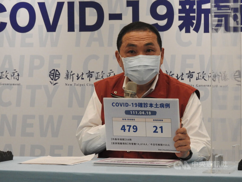 新北市18日新增本土確診數達500例,市長侯友宜指出,匡列隔離人數已達到1萬4616人,未來數量只會往上走,呼籲中央簡化居隔流程及支援更多快篩試劑。中央社記者王鴻國攝 111年4月18日