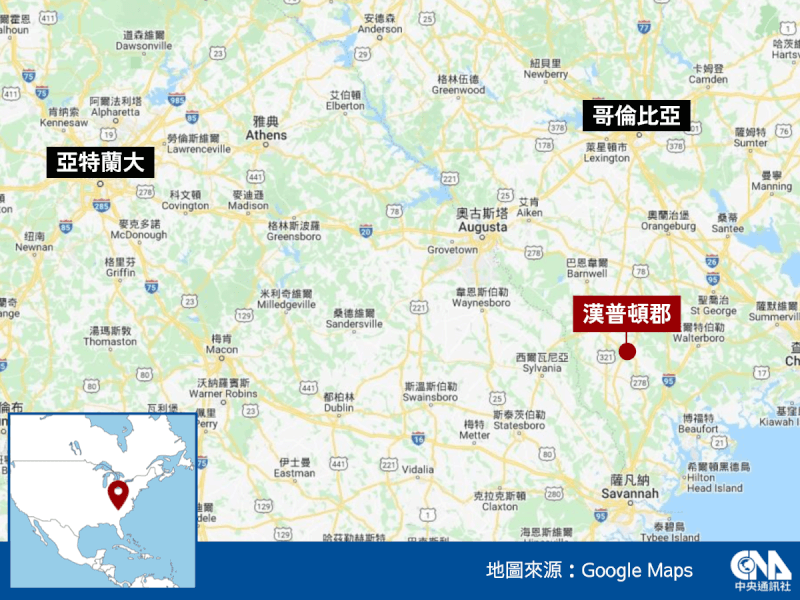 美國南卡羅來納州漢普頓郡1間夜店17日凌晨發生槍擊案,造成至少9人受傷。(中央社製圖)