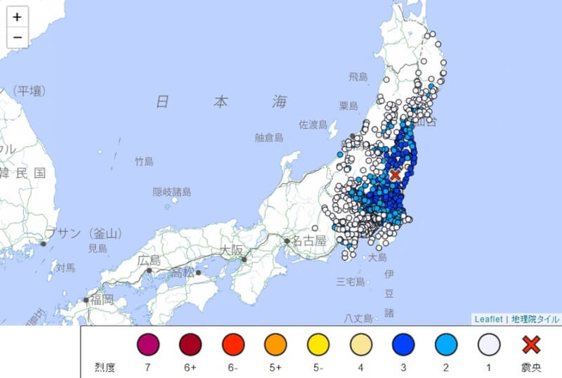 日本東北19日發生規模5.3的地震，震央在福島縣。（圖取自日本氣象廳網頁data.jma.go.jp）