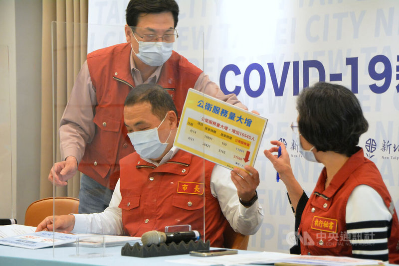 新北市長侯友宜（前左）22日指出，自實施居家照護政策以來，新北無論居家照護與居家隔離人數都快速上升，本日公衛服務量就有2萬7000餘人，居隔的疫調、匡列作業已造成公務體系龐大壓力與負荷，也建議將確診者同住家人或親密接觸者，由居隔改為居家快篩加上自主健康管理。中央社記者黃旭昇新北市攝  111年4月22日