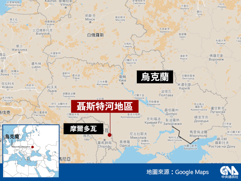 烏克蘭指控俄羅斯試圖在摩爾多瓦分離主義地區製造動盪,引發外界益發擔心烏克蘭戰爭恐升級成更廣泛的衝突。(中央社製圖)