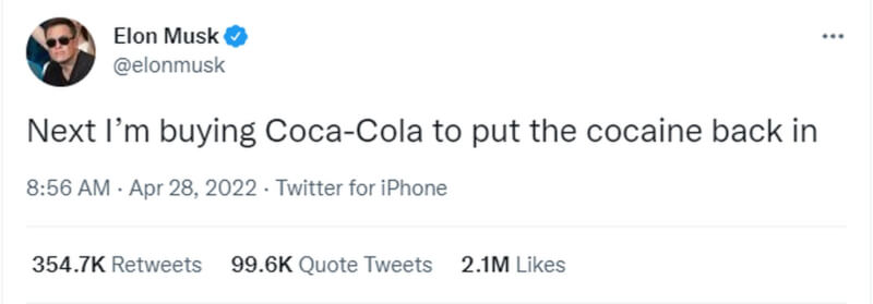 繼日前收購推特後，馬斯克27日又在推特發文，稱有意收購可口可樂公司，並說要把古柯鹼配方加回去。（圖取自twitter.com/elonmusk）