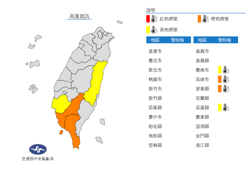 中央氣象局在29日中午過後發布台南、高雄、屏東及花蓮等4縣市高溫燈號資訊。（圖取自中央氣象局網頁cwb.gov.tw）
