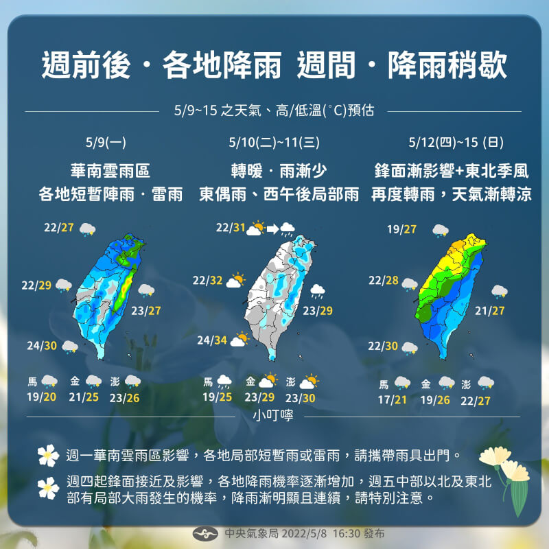 週末全台有雨，台北低溫下探至攝氏17度。（圖取自facebook.com/CWB.TW）