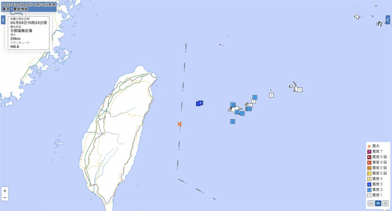 9日下午3時23分（台灣時間2時23分）沖繩與那國島近海觀測到規模6.6地震，最大震度3。（圖取自日本氣象廳網頁www.jma.go.jp）