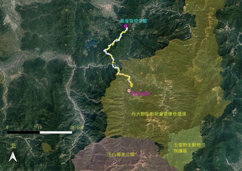 林務局從移動路徑發現,東卯山黑熊除因經過聚落或受地形影響修正路線外,東卯山黑熊明顯逐漸往北移動,呈現「北返」的現象,與文獻指出美洲黑熊的成年公熊在野放後常有的「返家行為」或有相似性。(林務局提供)中央社記者楊淑閔傳真 111年5月10日
