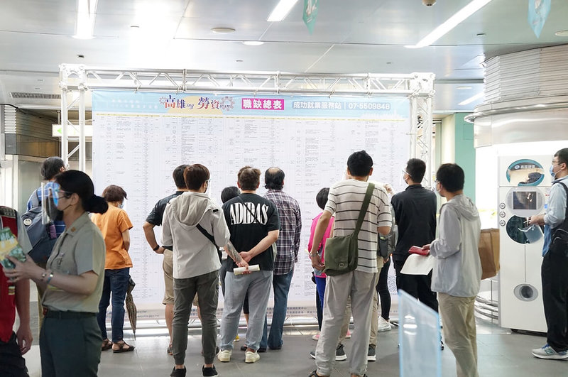 高雄市勞工局14日在捷運美麗島站舉辦現場徵才活動,企業、民眾不畏COVID-19疫情參與,現場共215人次投履歷、面試。(高雄市政府提供)中央社記者曾以寧傳真 111年5月15日