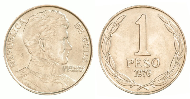 圖為智利1976年發行的1披索硬幣。（圖取自維基共享資源；作者：Banco Central de Chile，CC0）