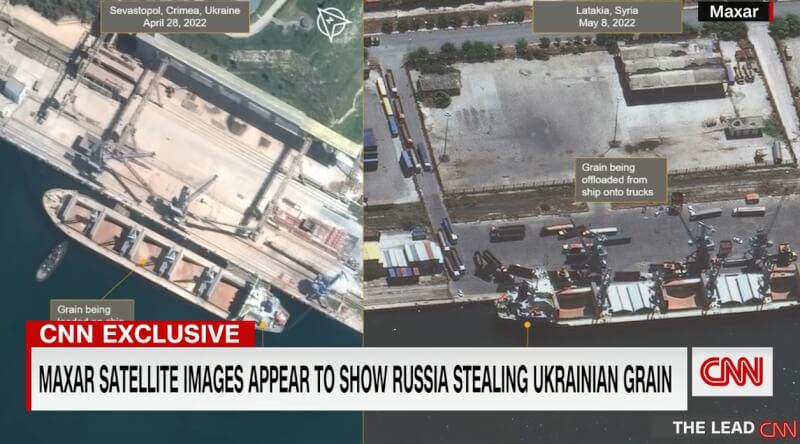 CNN報導，衛星影像中，兩艘懸掛俄國旗幟的散貨船看來是在靠港，並裝載據信為竊自烏克蘭的穀物。 （圖取自CNN YouTube頻道網頁youtube.com）
