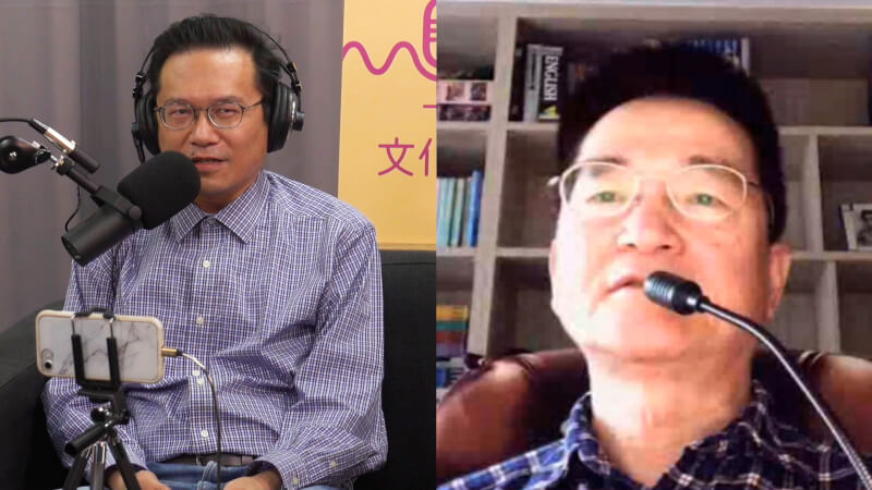 資深媒體人王駿（右）以視訊方式錄製中央社Podcast節目「文化普拉斯」，與主持人邱祖胤（左）分享他如何抽絲剝繭揭露「毛邦初軍購秘案」幕後。