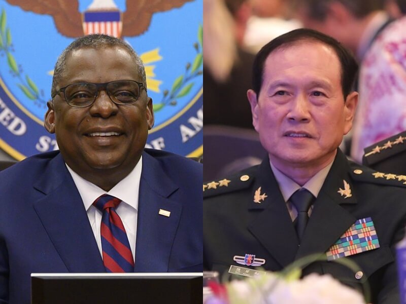 美國國防部長奧斯汀（左）與中國國防部長魏鳳和（右）22日在柬埔寨展開會談。（左圖取自twitter.com/SecDef，右為中央社檔案照片）