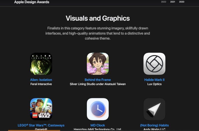 蘋果公司Apple設計大獎今年首度揭曉入圍名單，台灣開發者Akatsuki Taiwan Inc.推出的解謎遊戲「傾聽畫語」入圍，是今年唯一上榜的台灣遊戲。（圖取自蘋果網頁developer.apple.com）