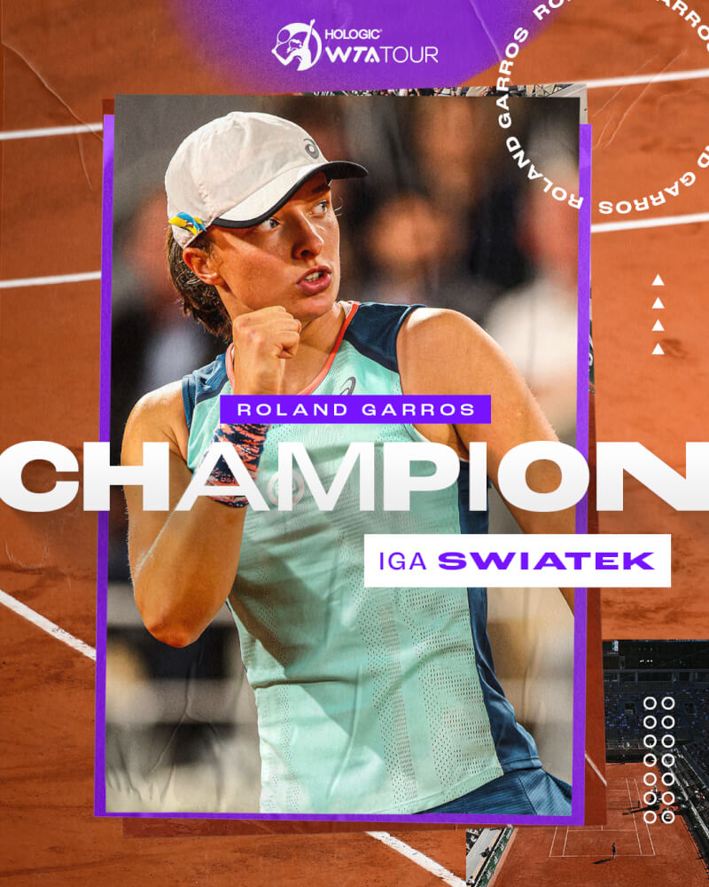 世界球后斯威雅蒂4日拿下法國網球公開賽女單金盃。（圖取自facebook.com/WTA）