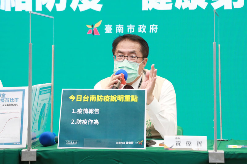 台南市長黃偉哲（圖）5日在市府線上防疫記者會表示，將於7日至9日展開輝瑞兒童疫苗校園接種作業。（台南市政府提供）中央社記者楊思瑞台南傳真  111年6月5日