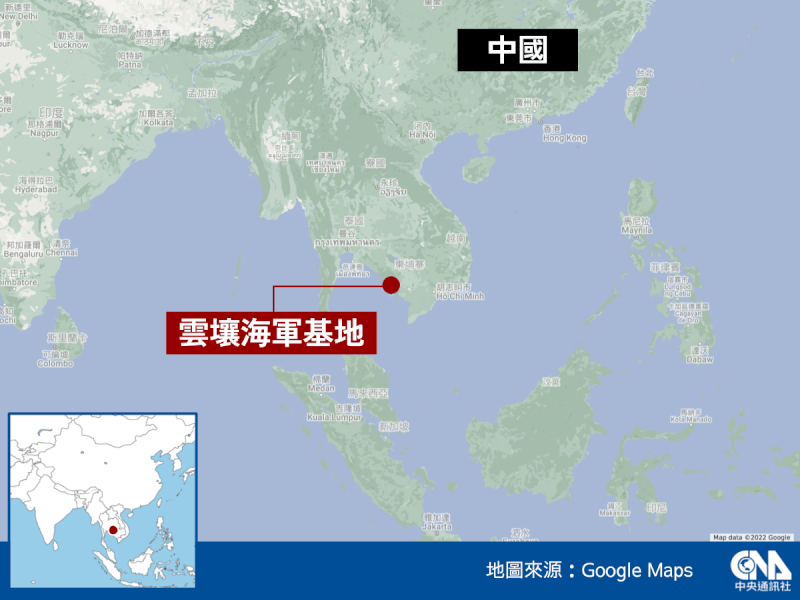 柬埔寨官方消息指出，由中國援建的雲壤海軍基地擴建工程8日將動工。（中央社製圖）