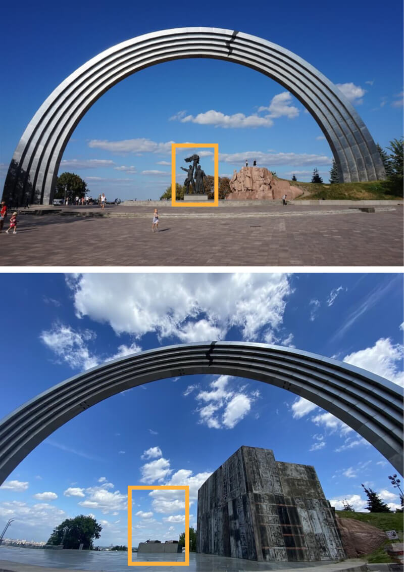 巨大的鈦合金「人民友誼拱門」是蘇聯1982年贈與烏克蘭的禮物，拱門下方原本有兩個8公尺高雕像（上圖），分別代表烏克蘭和俄羅斯工人。如今雕像已遭移除，僅剩底座（下圖）。（上圖取自維基共享資源；作者Бондар Володимир，CC BY-SA 4.0；下圖為中央社記者鍾佑貞5月30日攝）