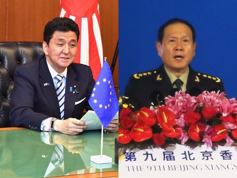 圖左為日本防衛大臣岸信夫，右為中國國務委員兼國防部長魏鳳和。（左圖取自twitter.com/modjapan_en，右圖為中央社檔案照片）