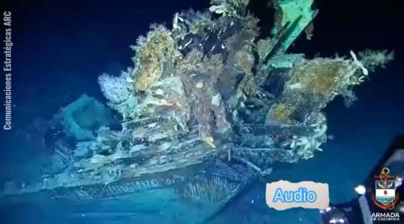 哥倫比亞軍方分享在950公尺海底沉睡300年的寶藏船聖荷西號大帆船的影像，據信船上珍寶現在至少價值數十億美元。（圖取自facebook.com/ArmadaDeColombia）