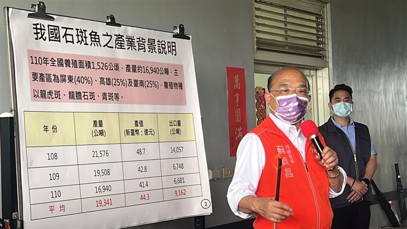 對於中國暫停台灣石斑魚輸入,行政院長蘇貞昌(前)12日表示,把相關檢驗藥劑科學證據給中國,也已讀不回,這種做法不但蠻橫,而且違背國際貿易慣例。(屏東縣政府提供)中央社記者李卉婷傳真 111年6月12日