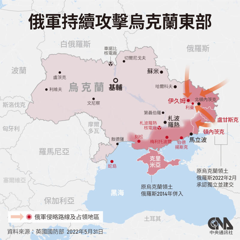 烏克蘭官員13日表示，俄羅斯軍隊已控制東部城市北頓內茨克7成市區，並攻擊有數百位平民避難的區域。（中央社製圖）