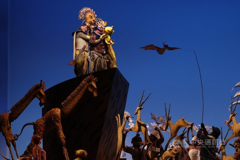 百老匯音樂劇「獅子王」14日在台北小巨蛋舉辦官方記者會，並帶來一首首經典曲目，整部劇使用200個戲偶，包含哺乳類、鳥類與昆蟲，讓觀眾宛如置身非洲。中央社記者趙世勳攝 111年6月14日