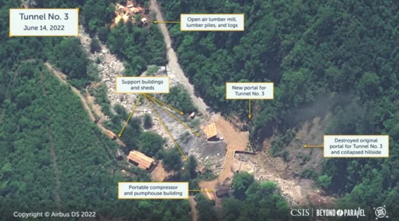 美國智庫戰略暨國際研究中心（CSIS）表示，北韓核試場址工程似乎已擴大至第二條隧道，並準備好進行可能執行的核試。圖為隧道衛星影像。（圖取自csis.org）