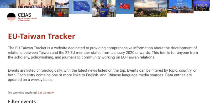 斯洛伐克智庫中歐亞洲研究中心特地成立網站，紀錄近年台灣與歐洲關係的重要事件。（圖取自歐盟－台灣追蹤網站eutwtracker.ceias.eu/tracker）