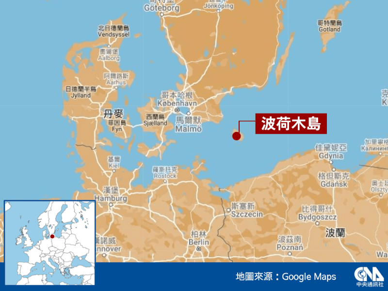 丹麥武裝部隊表示，一艘俄羅斯戰艦17日凌晨兩度侵犯波羅的海波荷木島以北的丹麥領海。（中央社製圖）
