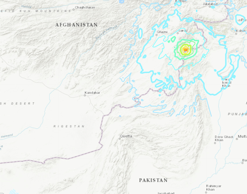阿富汗東南部城市柯斯特附近（星號處）22日發生規模6.1地震。（圖取自美國地質調查所網頁earthquake.usgs.gov）