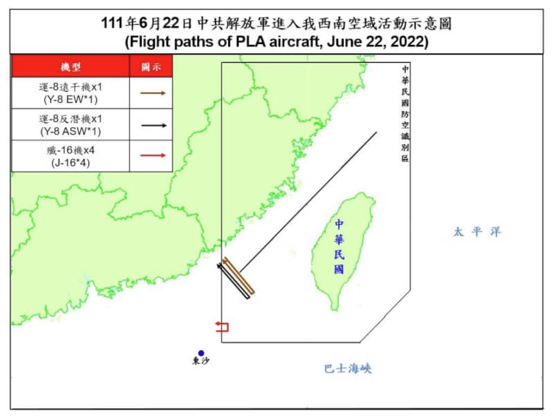 6架次共機22日侵擾台灣西南防空識別區（ADIZ）。（圖取自國防部網頁mnd.gov.tw）