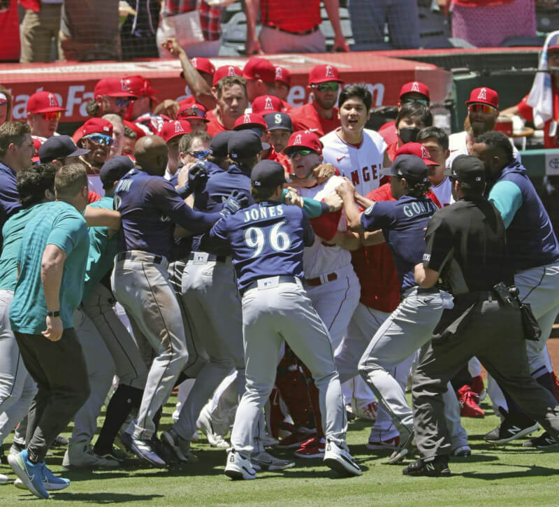 MLB天使與水手隊26日因觸身球而引爆全武行，最後共8人遭到驅逐出場。（共同社）
