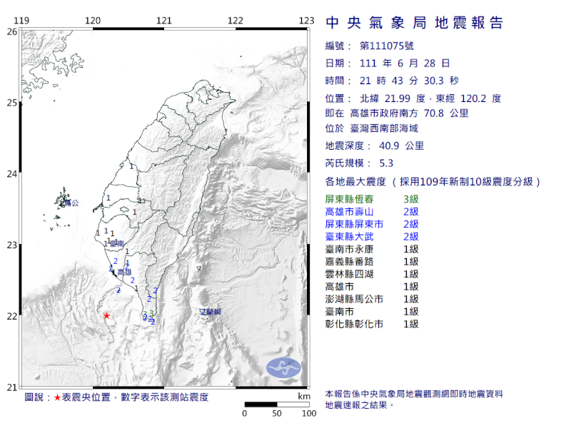 高雄28日晚間9時43分發生芮氏規模5.3地震。（圖取自中央氣象局網頁cwb.gov.tw）